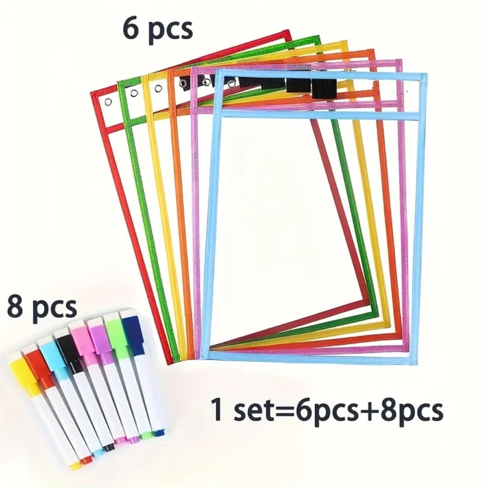 NEW Reusable Dry Erase Pockets with Markers 14pcs (6 Erase Pockets + 8 Markers)